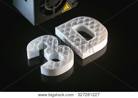3D Printers. 3D Text White Color Abs Against Black Background,