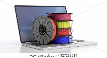 3D Printing Software. Abs Filaments On A Laptop, White Background. 3D Illustration