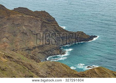 Aerial View Of Northeast Of La Gomera Island. Beautiful Rocky Ocean Coast With Breaking Waves. Playa