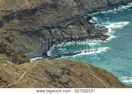 Aerial View Of Northeast Of La Gomera Island. Beautiful Rocky Ocean Coast With Breaking Waves. Playa