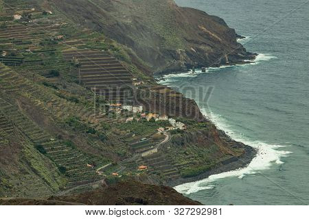 Aerial View Of Northeast Of La Gomera Island. Beautiful Rocky Ocean Coast With Breaking Waves. Playa