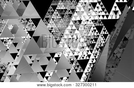 Gray Sierpinski Triangle Texture On Black Background. It Is A Fractal With The Overall Shape Of An E
