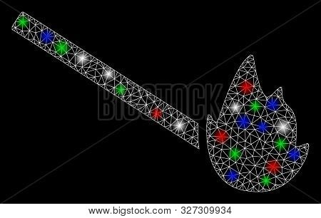 Bright Mesh Match Flame With Glare Effect. White Wire Frame Polygonal Network In Vector Format On A 