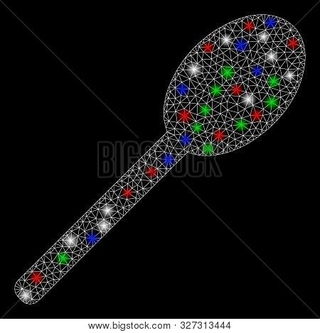 Bright Mesh Spoon With Glare Effect. White Wire Carcass Polygonal Mesh In Vector Format On A Black B