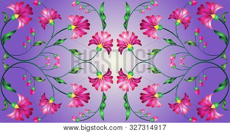 Illustration In Stained Glass Style With Abstract Pink Flowers On A Purple  Background,horizontal Or