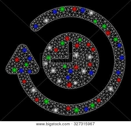Bright Mesh Repeat Clock With Lightspot Effect. White Wire Carcass Triangular Network In Vector Form