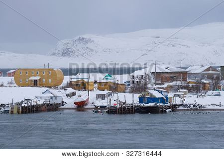 Teriberka Village On A February Gloomy Day. Murmansk Region, Russia
