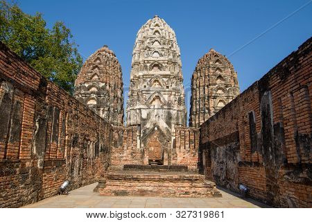 Sunny Day On The Ruins Of The Viharn Of The Ancient Buddhist Temple Wat Si Sawai. Sukhothai Historic