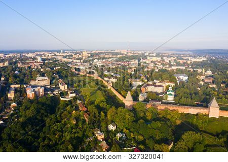 Towers Of Smolensk Fortress Wall. The Southern Wall Of The Smolensk Kremlin And A Panorama Of The Ci