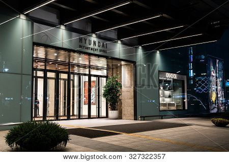 Daegu Korea , 30 September 2019 : Hyundai Department Store Entrance At Night In Daegu South Korea