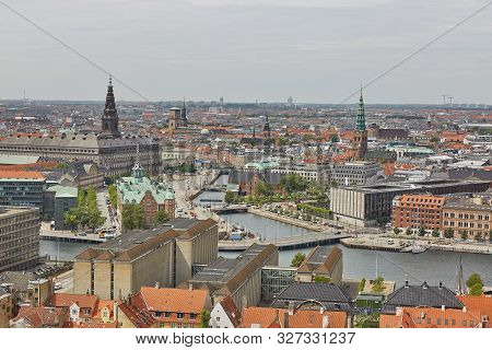 Skyline Of Scandinavian City Of Copenhagen In Denmark During A Cloudy Day