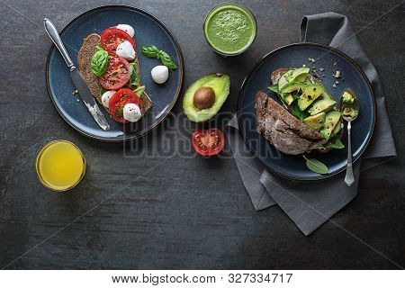 Breakfast Served With Different Sandwiches With Vegetable And Cheese. Continental Delicious Healthy 