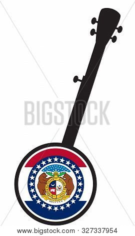 A Typical Five String Banjo In Silhouette On A White Background Woth The Icon From The State Flag Of