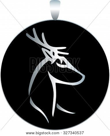 Round Silver Medallion - Pendant With Black Enamel And The Image Of A Raised Deer Head - Vector Illu