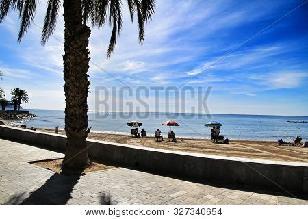 Mazarron, Murcia, Spain- October 3, 2019: Beautiful Beach View From The Promenade In A Sunny And Cle