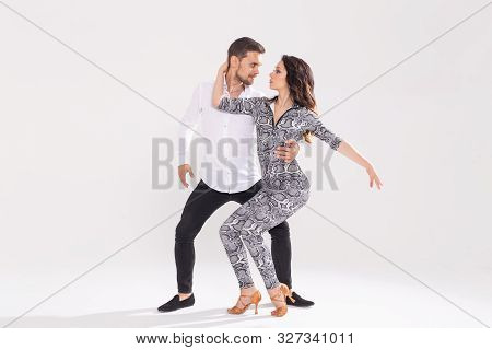Passionate Couple Dancing Social Danse Kizomba Or Bachata Or Semba Or Taraxia On White Background Wi