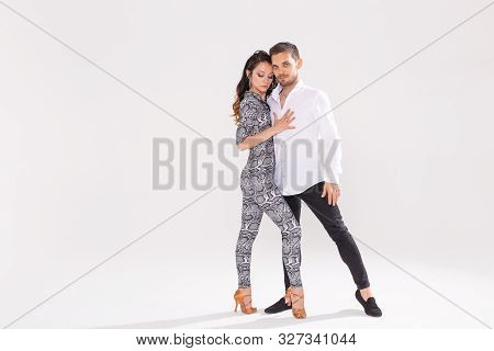 Passionate Couple Dancing Social Danse Kizomba Or Bachata Or Semba Or Taraxia On White Background Wi
