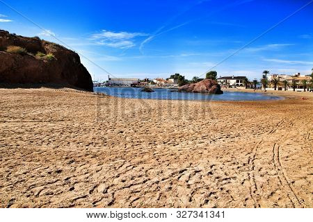 Mazarron, Murcia, Spain- October 3, 2019: Beautiful La Ermita Beach In Mazarron, Murcia, Spain. Isla