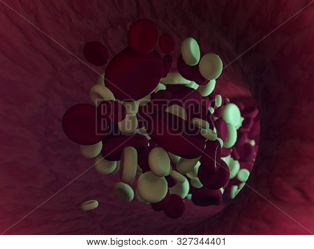 Red Blood Cells. Scientific Illustration Bloodstream. 3d Rebdering