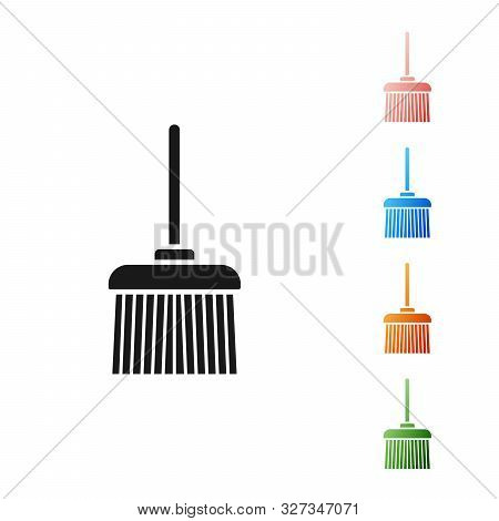 Black Handle Broom Icon Isolated On White Background. Cleaning Service Concept. Set Icons Colorful. 