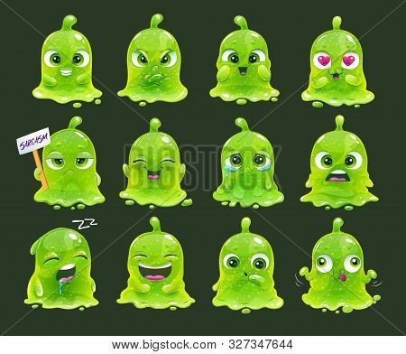 Comic Slimy Aliens. Funny Cartoon Green Slime Characters.