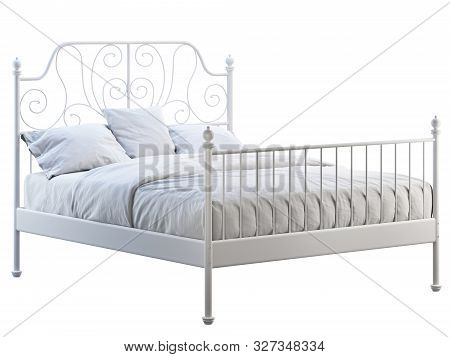 Scandinavian Double Metal Frame Bed With White Linen. 3D Render