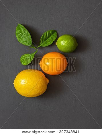 Food Concept. Citrus Fruit On A Stone Table. Fruit Background. Flat Lay, Top View. Lemon, Citrus Mey