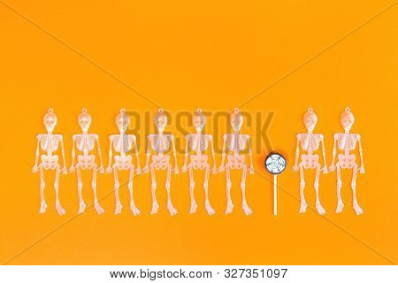 Happy Halloween Row Of Dancing Sceletons On Orange Background Flat Lay Banner With Copy Space And Sp