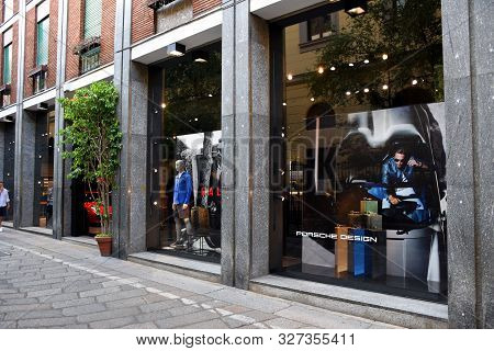 Milan, Italy - 07.06.2019: Porsche Design Italia Store Storefront And Entrance In Via Della Spiga
