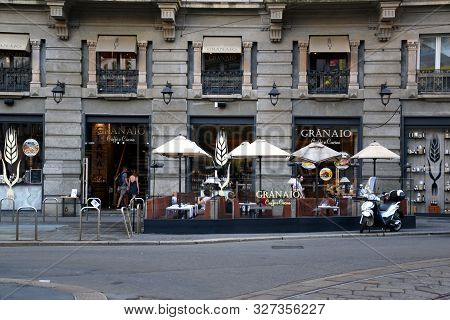 Milan, Italy-july 6, 2019: Outdoors Of Granaio, Granaio Caffè E Cucina, At Tommaso Grossi Street Is 