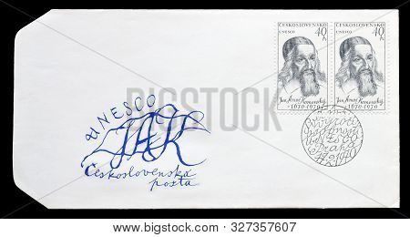 Cancelled Postage Stamp Printed By Czechoslovakia, That Shows Portrait Of Jan Amos Komensky, Circa 1