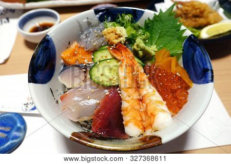Mixed Seafood Sashimi On Rice In A Bowl