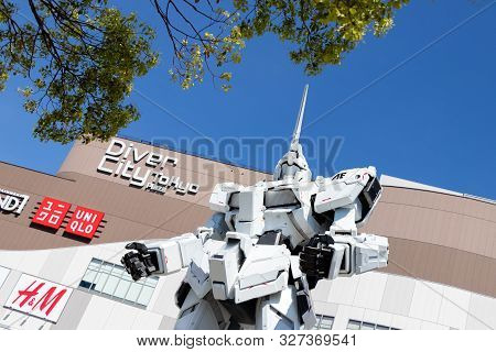 Tokyo, Japan - April 28, 2019, Rx-0 Unicorn Gundam Statue In Normal Mode Located At Diver City Tokyo