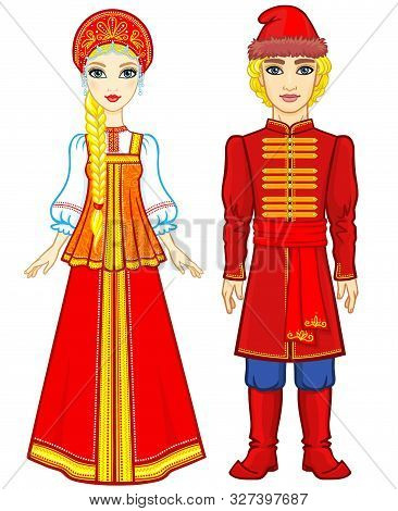 Animation Portrait Of A Family In Ancient Russian Clothes.  Full Growth. Vector Illustration Isolate