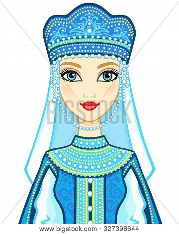 Animation Portrait Of The Russian Princess In Ancient Clothes.  Vector Illustration Isolated On A Wh