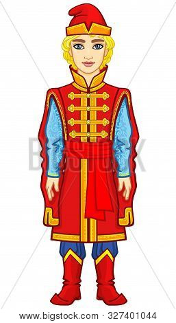 Portrait Of A Young Slavic Man In Ancient Russian Clothes. Fairy Tale Prince. Full Growth. Vector Il