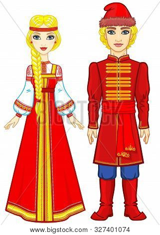 Portrait Of A Family In Ancient Russian Clothes. Fairy Tale Character. Full Growth. Vector Illustrat