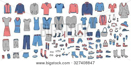 Set Of Clothes In Doodle Style. Apparel Collection. Vector Illustration.