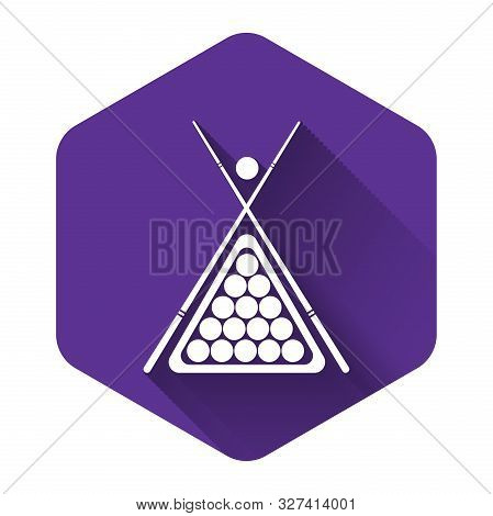 White Billiard Cue And Balls In A Rack Triangle Icon Isolated With Long Shadow. Purple Hexagon Butto