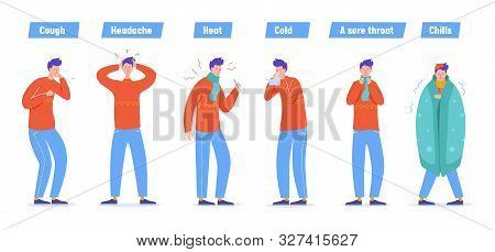 Set Of Sick People Characters. Man Patient With Flu, Influenza Symptoms, Virus Disease, Illness Conc