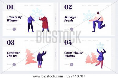 Wintertime Activities, Fun And Family Spare Time Website Landing Page Set. Happy People Enjoying Win