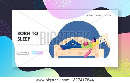 Good Sleep Website Landing Page.young Man Sleeping On Sofa With Book In Hands. Evening Weekend Spare
