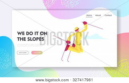 Winter Sports Activity And Sparetime Website Landing Page. Young Woman Freestyle Skiing In Mountains