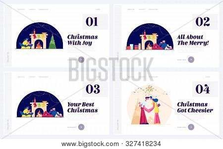 Christmas Traditions And Spare Time Website Landing Page Set. Loving Couple Spend Xmas Night Togethe