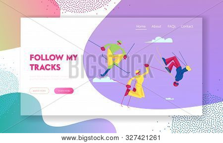 Sportsmen Sportswomen Freestyle Skiing Jump Website Landing Page. Winter Sport Activity, Skiing And 