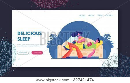 Leisure And Good Night Wishes Website Landing Page. Woman Covering With Blanket Man Sleeping With Bo