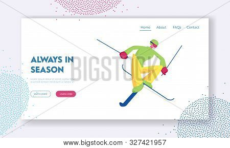 Extreme Freestyle Skiing Trick Website Landing Page. Young Sportsman Jumping On Skis. Male Character