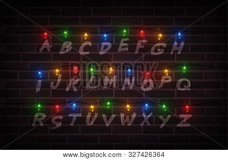Christmas Lights On Wall. Light Font. Garlands. Vector Illustration