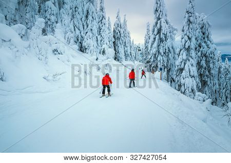 Wonderful Snow Covered Trees And Winter Ski Resort. Active Skiers Skiing Downhill In Famous Predeal 