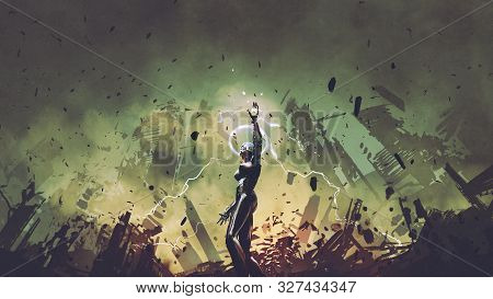 Female Robot Rising A Lightning Arm To Increase The Power, Digital Art Style, Illustration Painting